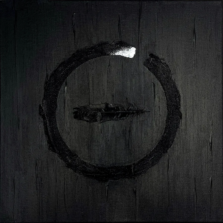 Image of Question 1 by Olena Kulish , size: 40x40 cm, made of Acrylics on canvas, feathers, Painting medium, from Warsaw